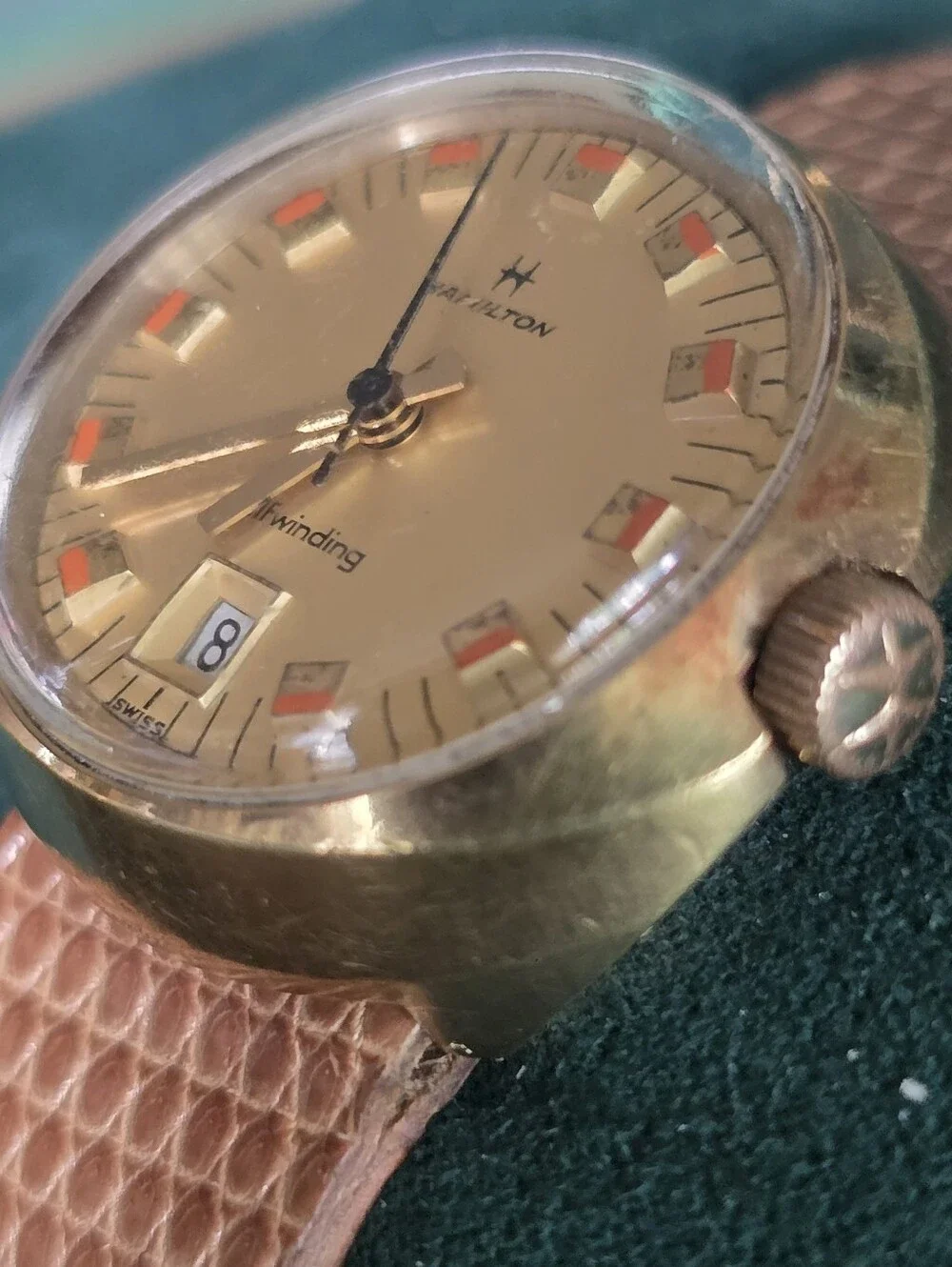 Hamilton Gold-Tone Watch with Cream Dial and Brown Strap